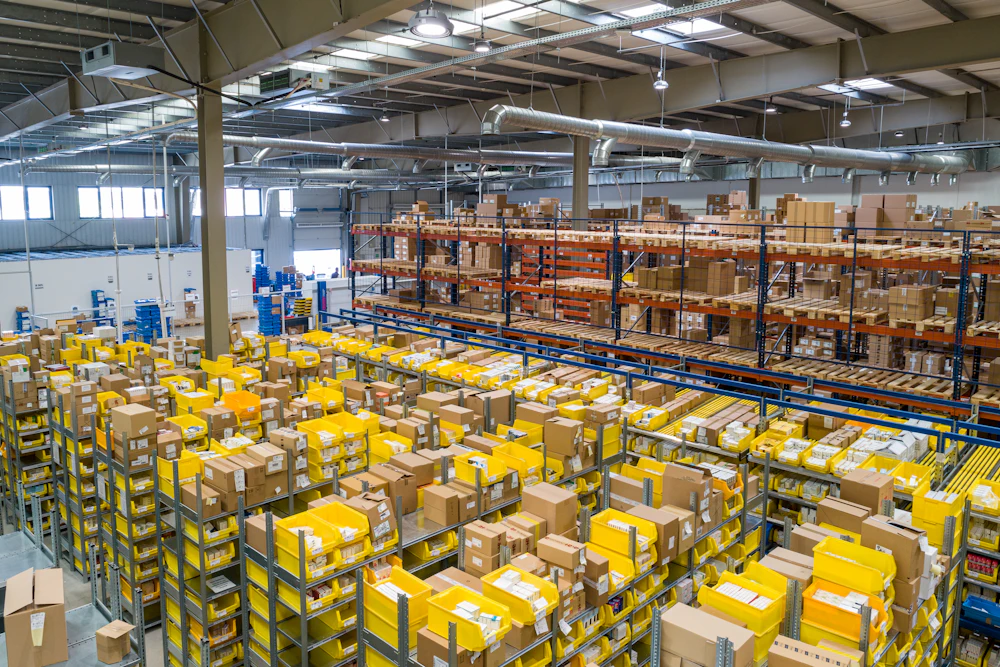 Bright warehouse with stocked shelving for logistics automation
